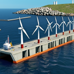 **

> Futuristic marine engineering scene: Advanced offshore wind farm with AI-powered monitoring, incorporating fish-friendly breakwater design. Visualize sustainable energy and ecological balance.

**