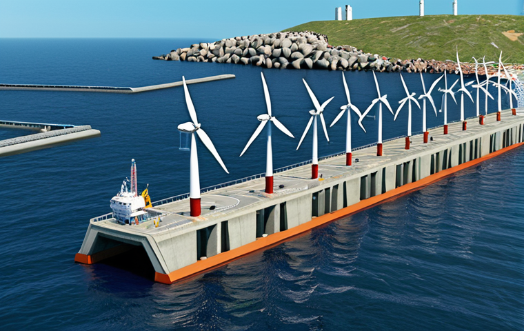 **

> Futuristic marine engineering scene: Advanced offshore wind farm with AI-powered monitoring, incorporating fish-friendly breakwater design. Visualize sustainable energy and ecological balance.

**