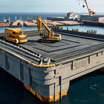 **

A bustling harbor construction site. Gigantic concrete marine structures are being meticulously covered with multiple layers of advanced waterproof material, resembling armor. Symbolism of human ingenuity conquering the harsh ocean environment. Emphasize the scale and complexity of the engineering. Include elements suggesting cutting-edge technology and durable protection.

**