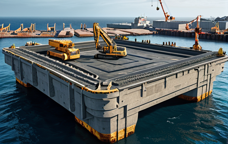 **

A bustling harbor construction site. Gigantic concrete marine structures are being meticulously covered with multiple layers of advanced waterproof material, resembling armor. Symbolism of human ingenuity conquering the harsh ocean environment. Emphasize the scale and complexity of the engineering. Include elements suggesting cutting-edge technology and durable protection.

**