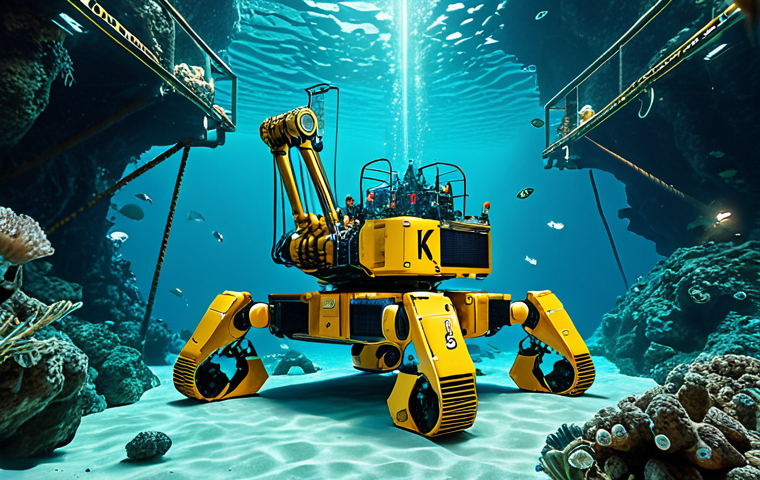 **

A futuristic underwater mining operation with robotic arms extracting resources. The scene highlights transparency with blockchain symbols overlayed. Focus on environmentally conscious and sustainable resource management practices.

**